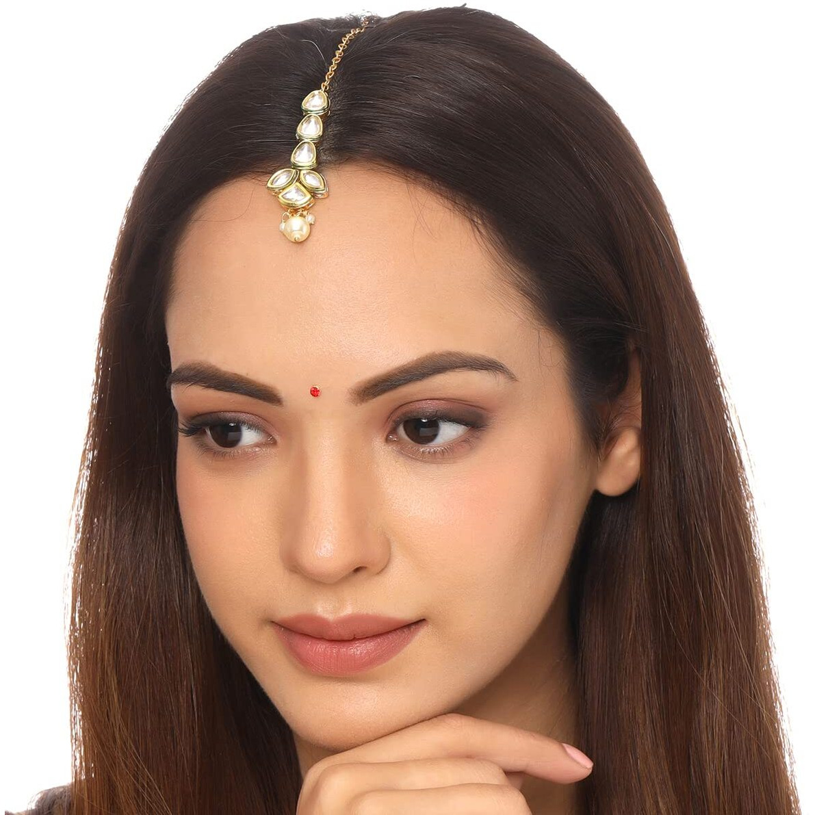 Yellow Chimes Maangtikka for Women Gold Toned Kundan Studded Floral Designed White Beads Drop Maangtikka for Women and Girls