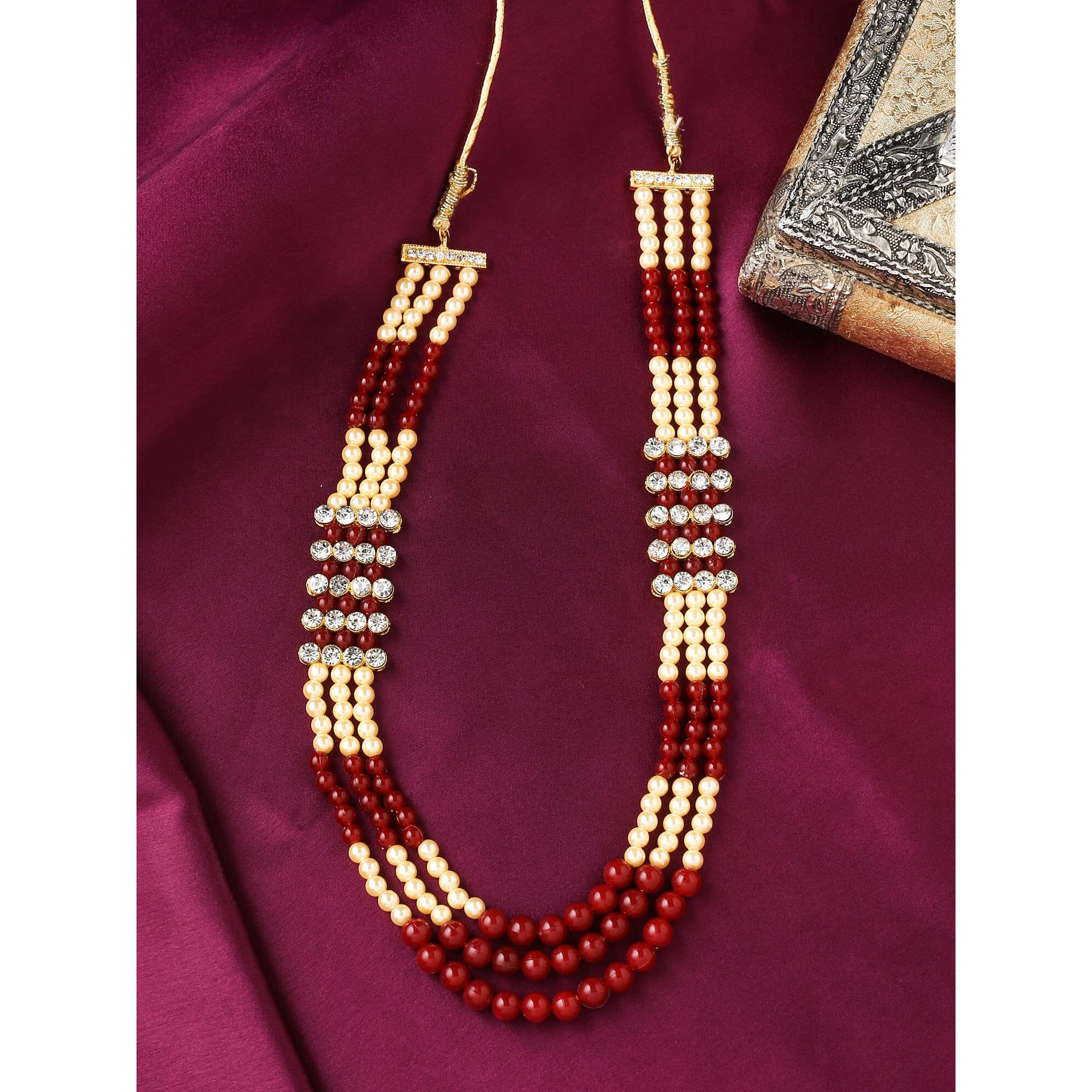Yellow Chimes Dulahmala For Mens Red Beads Pearl Necklace Jewellery for Groom Dulha Moti Mal Haar For Men Sherwani Necklace