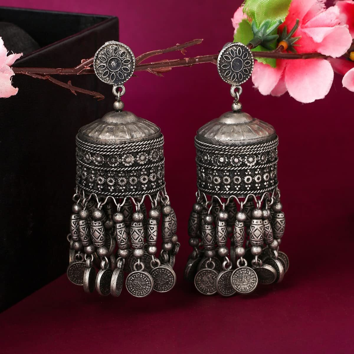Yellow Chimes Earrings for Women and Girls Traditional Silver Oxidised Jhumka Earrings | German Silver Big Jhumki Earrings | Birthday Gift For girls and women Anniversary Gift for Wife