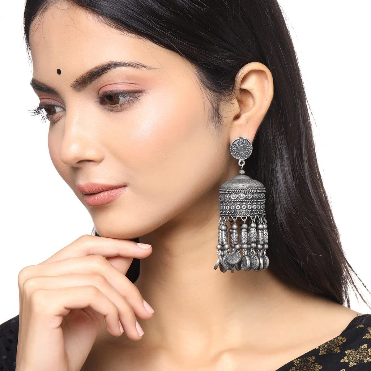 Yellow Chimes Earrings for Women and Girls Traditional Silver Oxidised Jhumka Earrings | German Silver Big Jhumki Earrings | Birthday Gift For girls and women Anniversary Gift for Wife