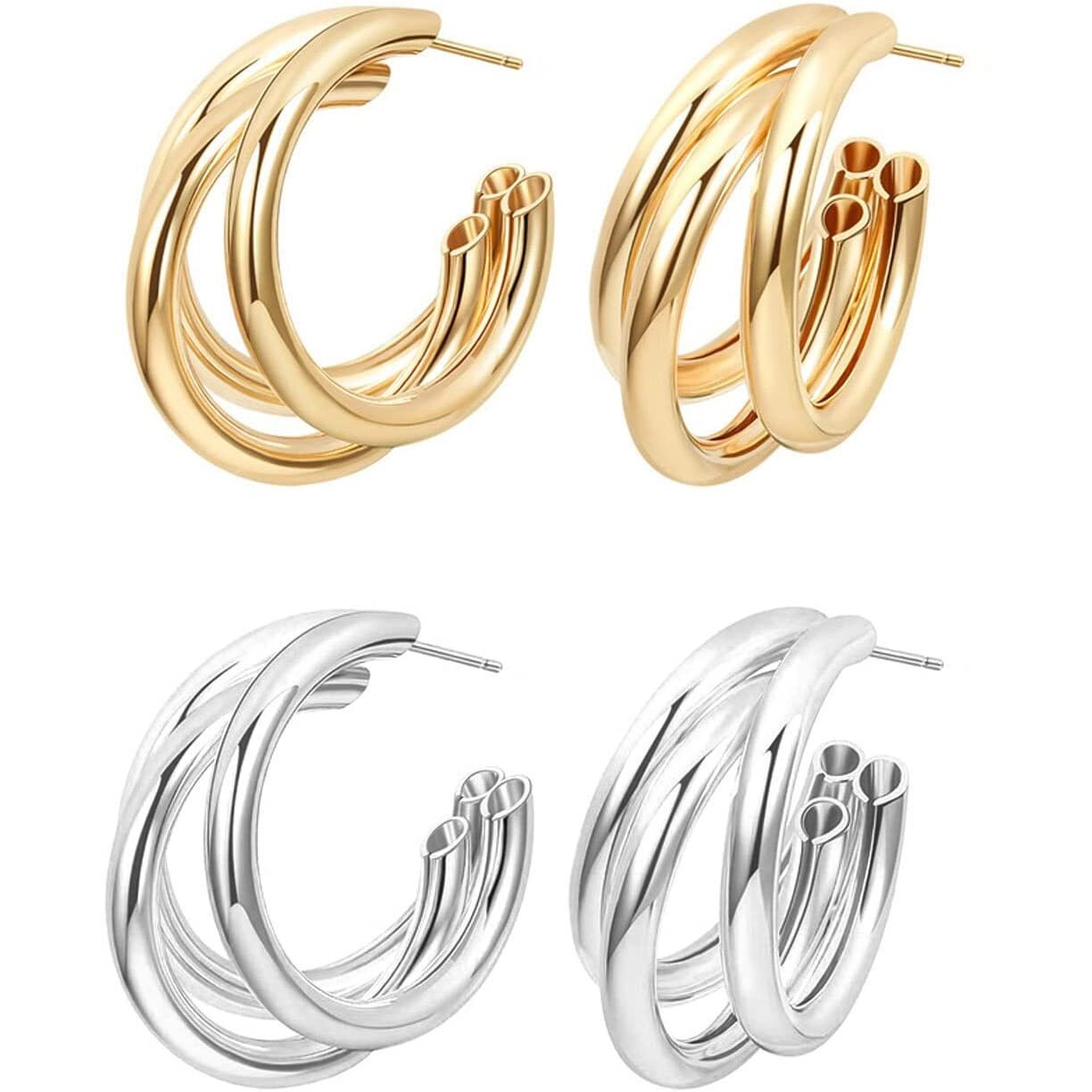 Yellow Chimes Hoop Earrings for Women Fashion Silver Gold Hoops Earrings | Combo of 2 Pair Twisted Layered Hoop Bali Earrings for Girls | Birthday Gift for Girls & Women Anniversary Gift for Wife