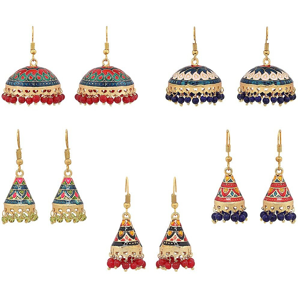 Yellow Chimes Gold Plated Meenakari Handcrafted Floral Designer Traditional Gold Plated Jhumka Jhumki Combo Earrings for Women and Girls
