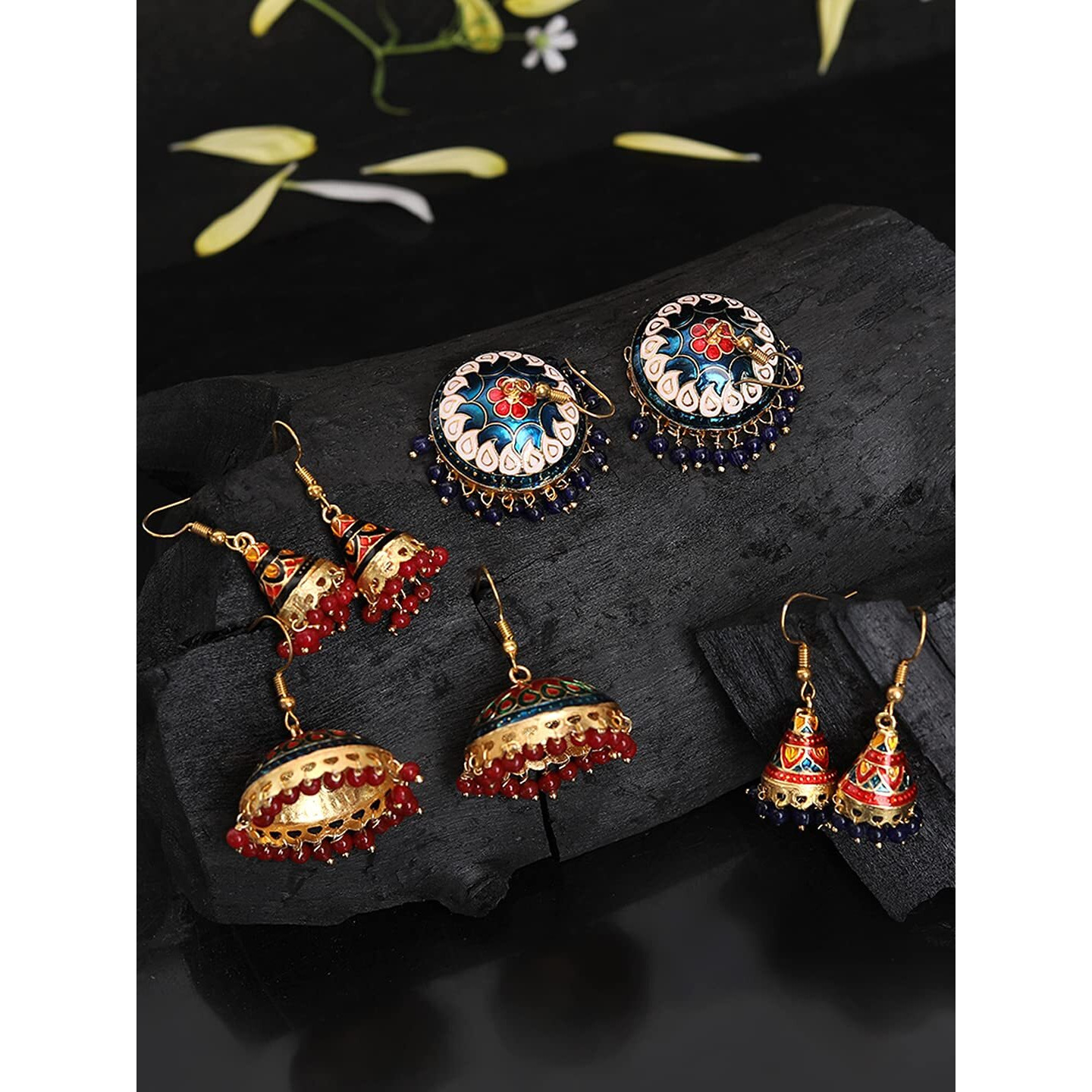 Yellow Chimes Gold Plated Meenakari Handcrafted Floral Designer Traditional Gold Plated Jhumka Jhumki Combo Earrings for Women and Girls