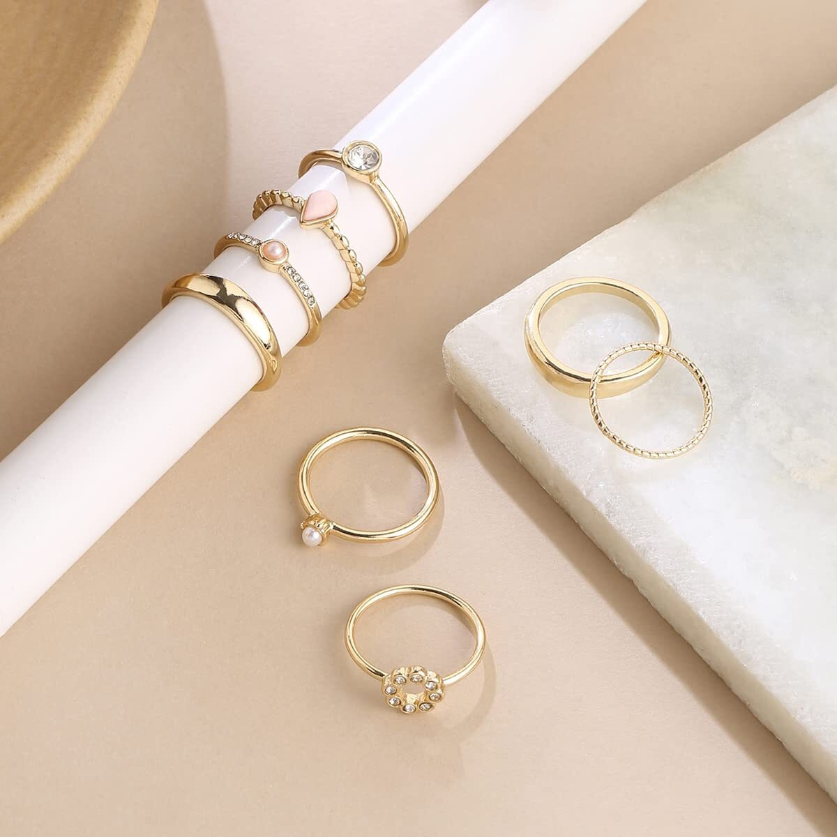 Yellow Chimes Rings for Women and Girls Fashion Aesthetic Golden Ring Set | Gold Plated Aesthetic Ring Knuckle Rings Set 8 Pcs Combo Geometric Rings | Birthday Gift For Girls and Women