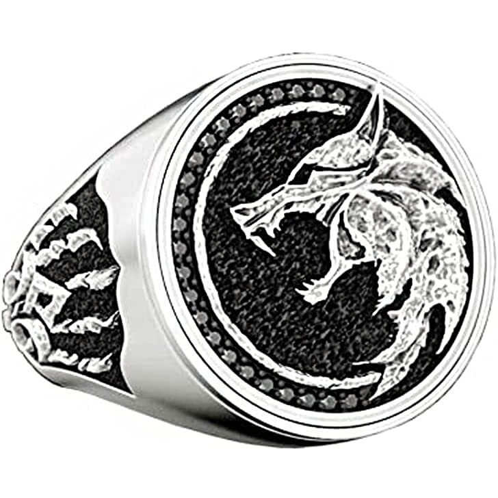 Yellow Chimes Rings for Men Stainless Steel Men Ring Viking Ring Wizard Warrior Hunter Wolf Head Silver Ring for Men and Boys
