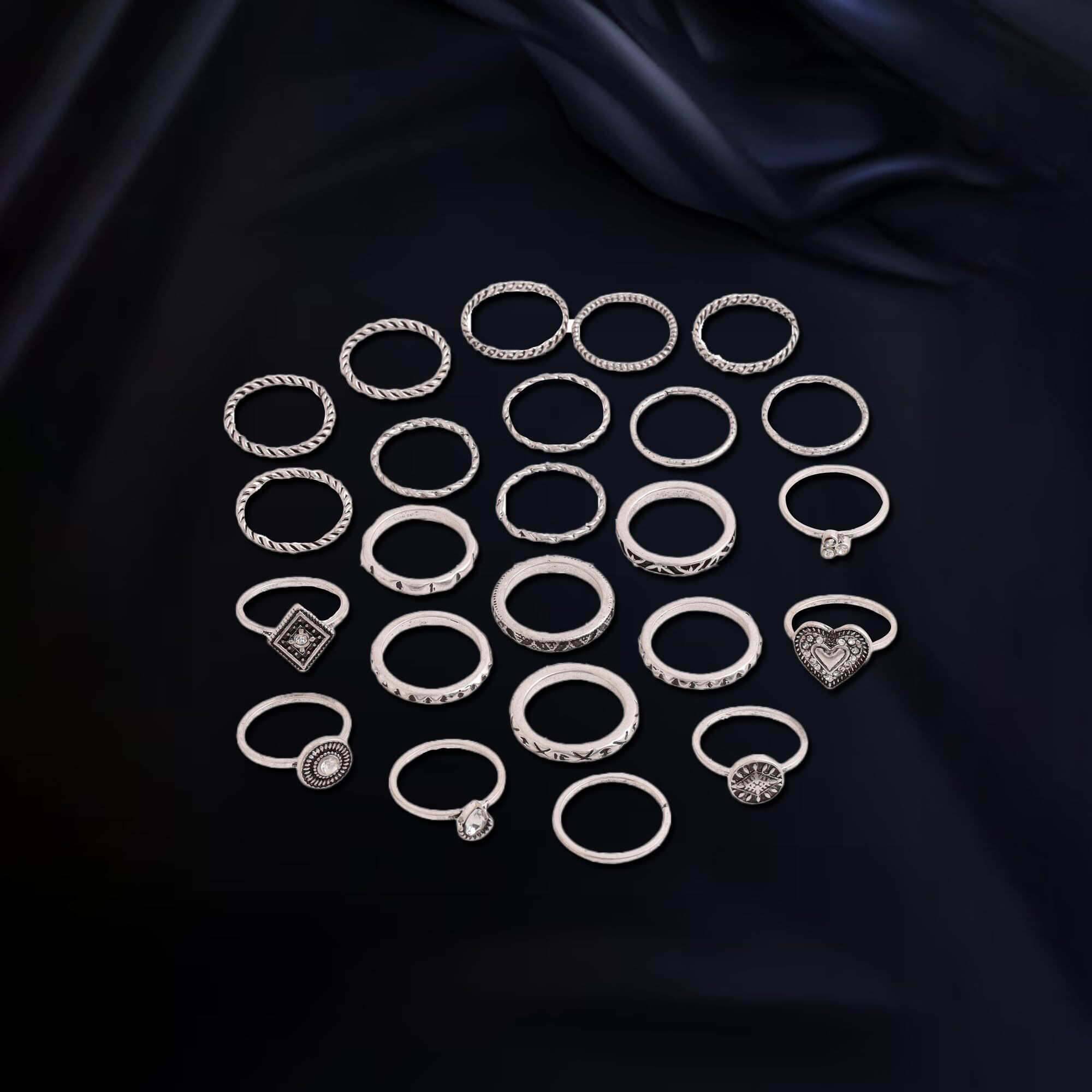 Yellow Chimes Rings for Women and Girls Fashion Aesthetic Oxidised Silver Ring Set | Silver Oxidised Plated Aesthetic Ring Knuckle Rings Set 24 Pcs Combo Rings | Birthday Gift For Girls and Women