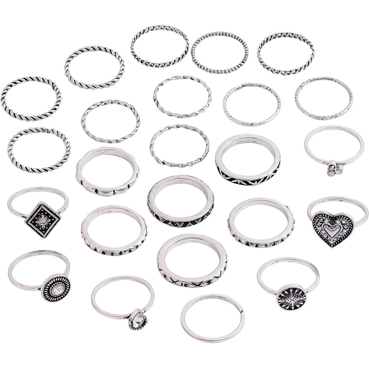 Yellow Chimes Rings for Women and Girls Fashion Aesthetic Oxidised Silver Ring Set | Silver Oxidised Plated Aesthetic Ring Knuckle Rings Set 24 Pcs Combo Rings | Birthday Gift For Girls and Women