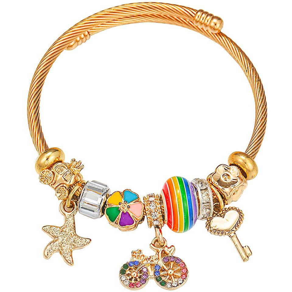 Yellow Chimes Bracelet For Women And Girls Fashion Golden Charm Bangle Bracelets | Muti Shaped Charms Gold Plated Bangle Style Bracelet | Birthday And Anniversary Gift For Women & Girls