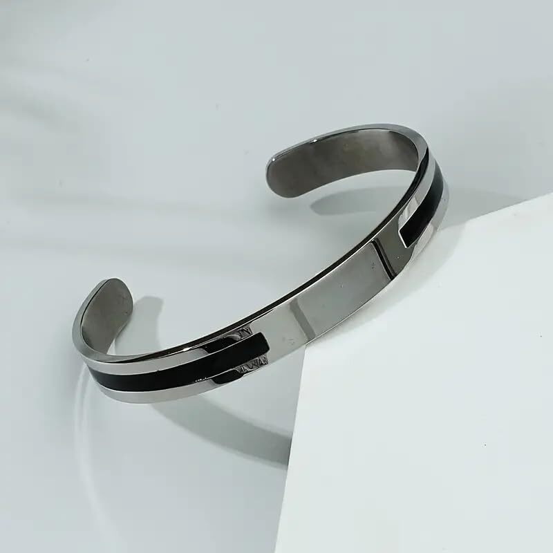 THE MEN THING STOIC SILVER - 6.5 mm Pure Stainless Steel Open Bangle Bracelet (Adjustable) for Men & Boys