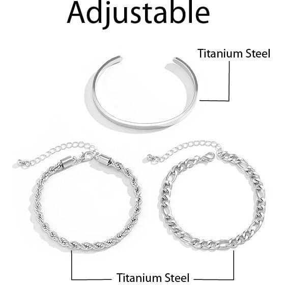 THE MEN THING TRIFECTA SILVER - 3 pcs Alloy Adjustable Bracelet for Men & Boys