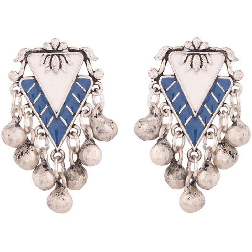 Voylla Silver-Plated Blue Contemporary Oxidised Drop Earrings