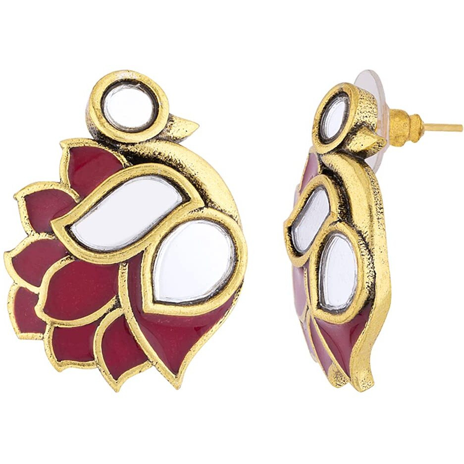Voylla Oxidised Gold Brass Enameled Bird Motif Traditional Style Earrings for Women and Girls