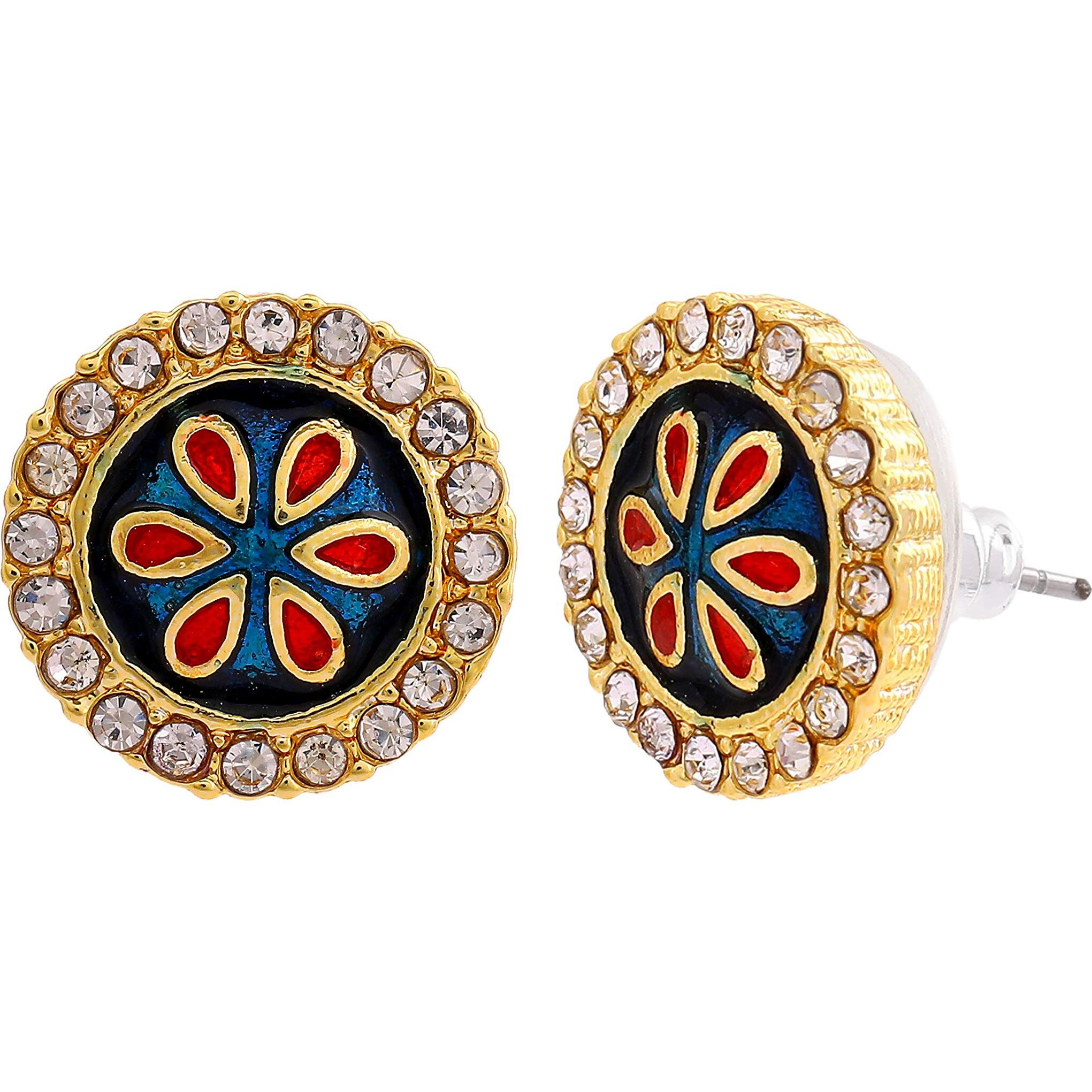 Gehena By Estele Non Precious Metal Gold Tone Enamel flower coin Stud Earrings for Girls (Red, Black)