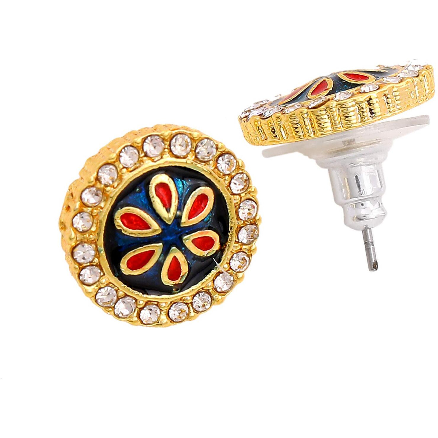 Gehena By Estele Non Precious Metal Gold Tone Enamel flower coin Stud Earrings for Girls (Red, Black)