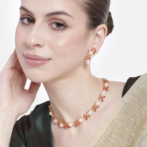 Gehena By Estele Gold Plated Blossom Pearl Designer Necklace Set With Ruby Crystals For Girls and Women
