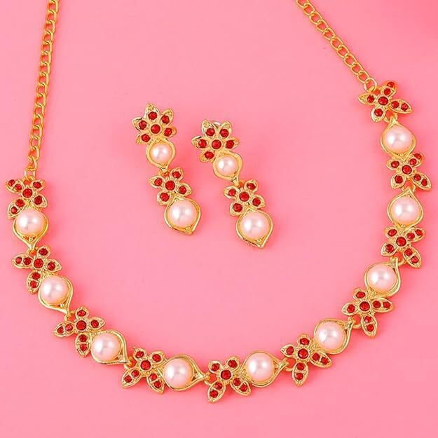 Gehena By Estele Gold Plated Blossom Pearl Designer Necklace Set With Ruby Crystals For Girls and Women