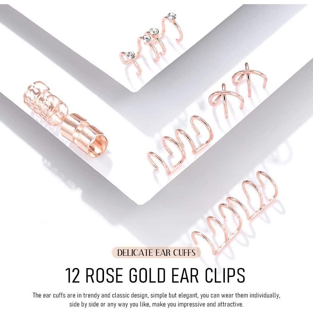 ANNA CREATIONS Stylish Rose Gold plated Adjustable Ear Cuff Clip combo of Earrings Stainless Steel Non-Piercing Clip set for Women Girls (6 Pair)