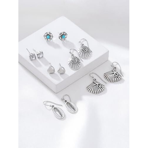 Yellow Chimes Latest Fashion Silver Plated Geometric Multi Design Stud Drop Dangle Earrings Combo for Women and Girls (Design 9)