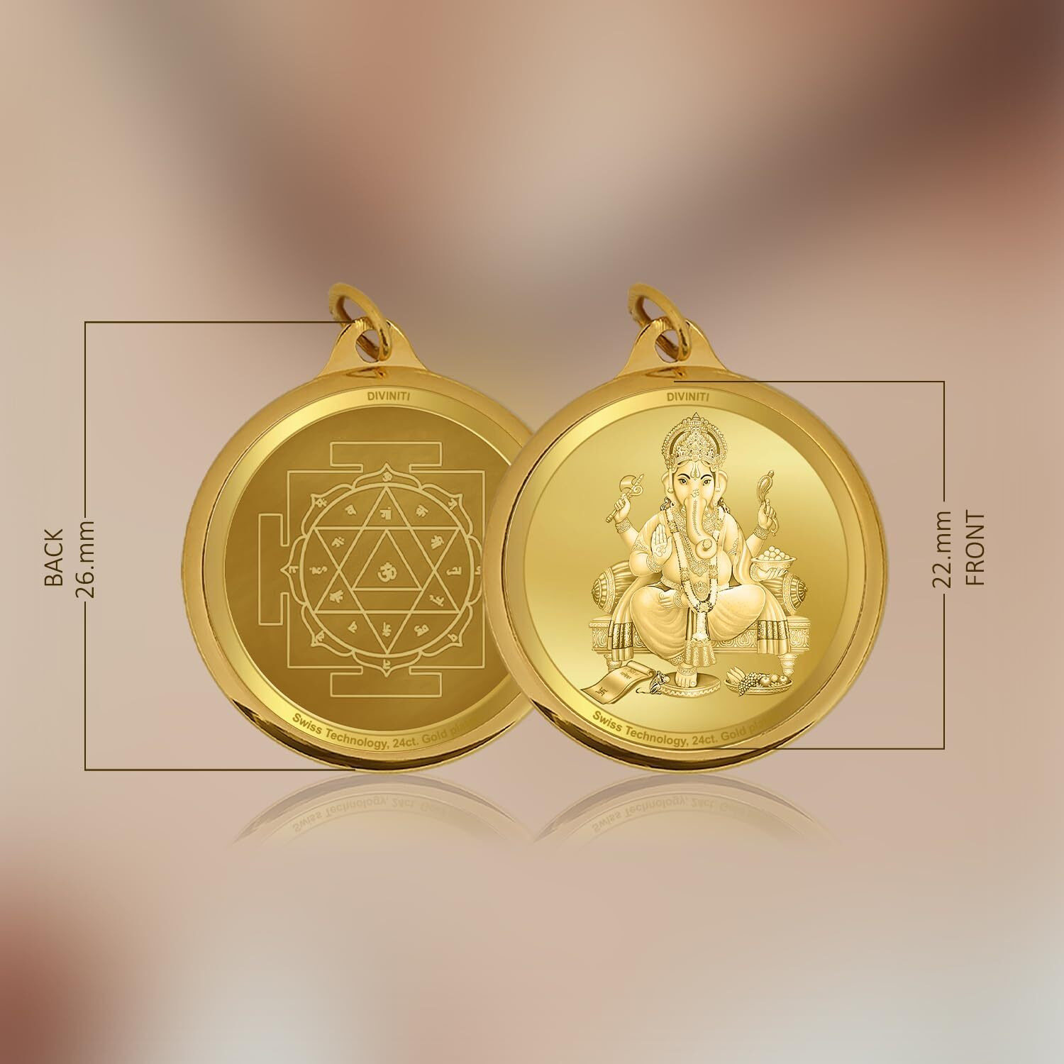 Diviniti 24K Gold Plated Ganesha & Yantra Pendant For Men, Women & Kids 22 MM Double Sided Stylish Pendant Necklace For Girls Divine God Pendant For Birthday Gift & Anniversary