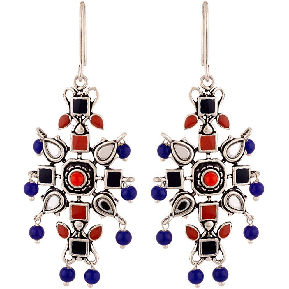 Voylla Oxidised Silver Plating Kesar Tribal Jewelry Inspired Earrings Blue Red Pearl Beads Studed for Women and Girls
