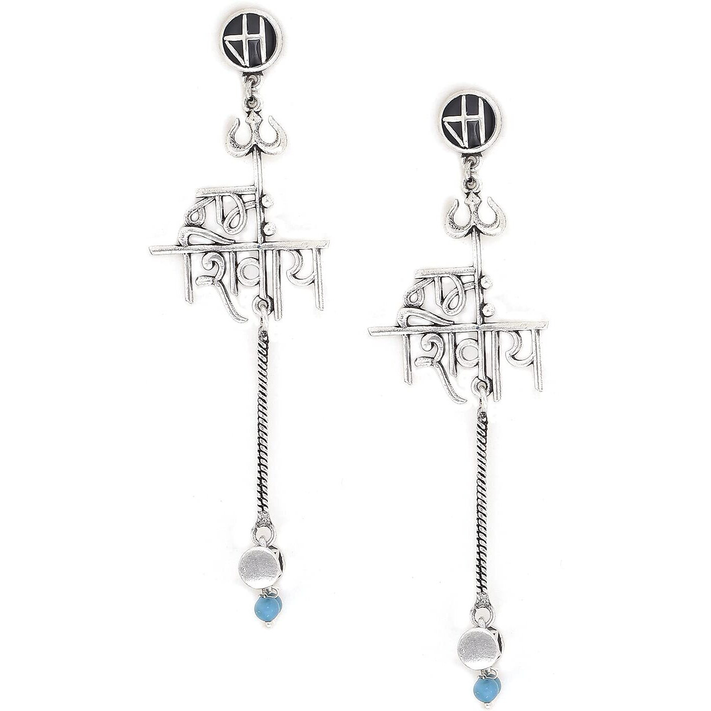 Voylla Brass Silver Oxidised Plating Moksha Namaha Shivaya Earrings with Turquoise Pearl Beads for Women and Girls