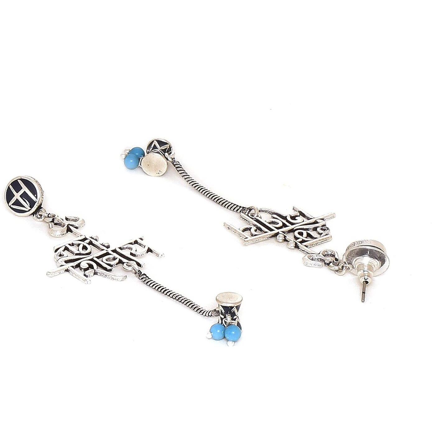 Voylla Brass Silver Oxidised Plating Moksha Namaha Shivaya Earrings with Turquoise Pearl Beads for Women and Girls