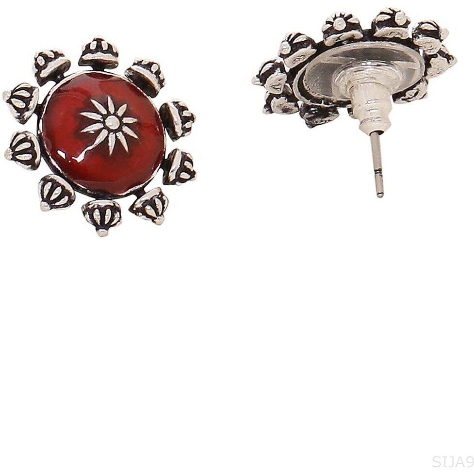 Voylla Silver Oxidised Plating Brass Moksha Antique Style Round Earrings with Red Studs for Women and Girls