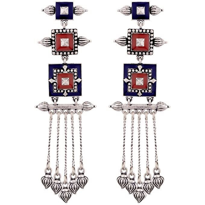 Voylla Brass Silver Oxidised Mandala Layered Square Design Tassels Earrings for Women and Girls