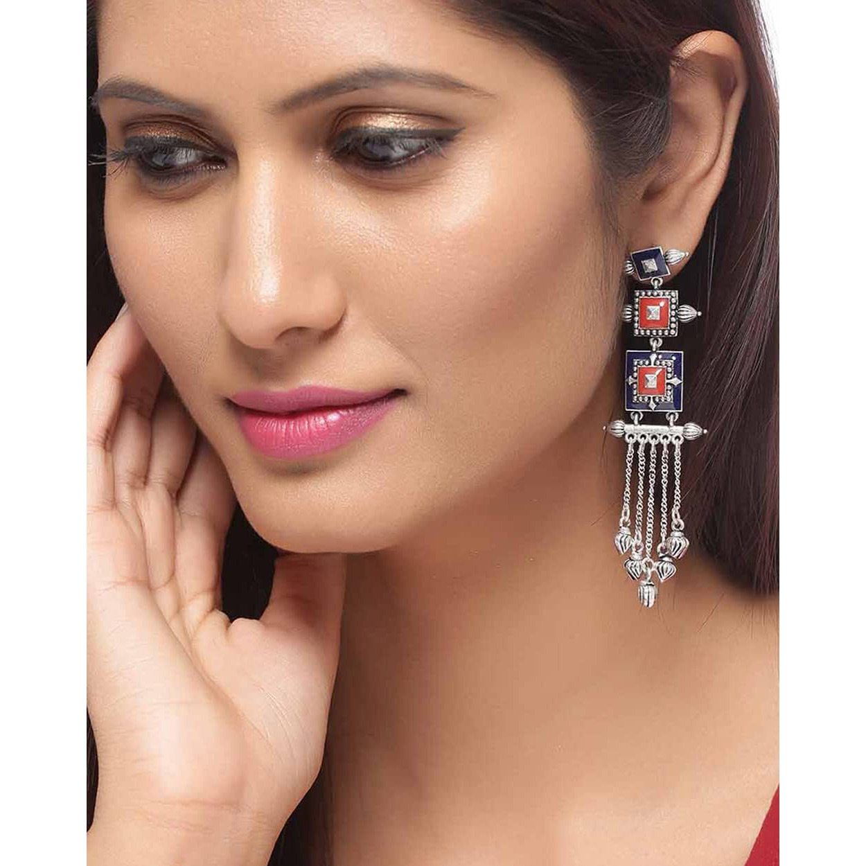 Voylla Brass Silver Oxidised Mandala Layered Square Design Tassels Earrings for Women and Girls