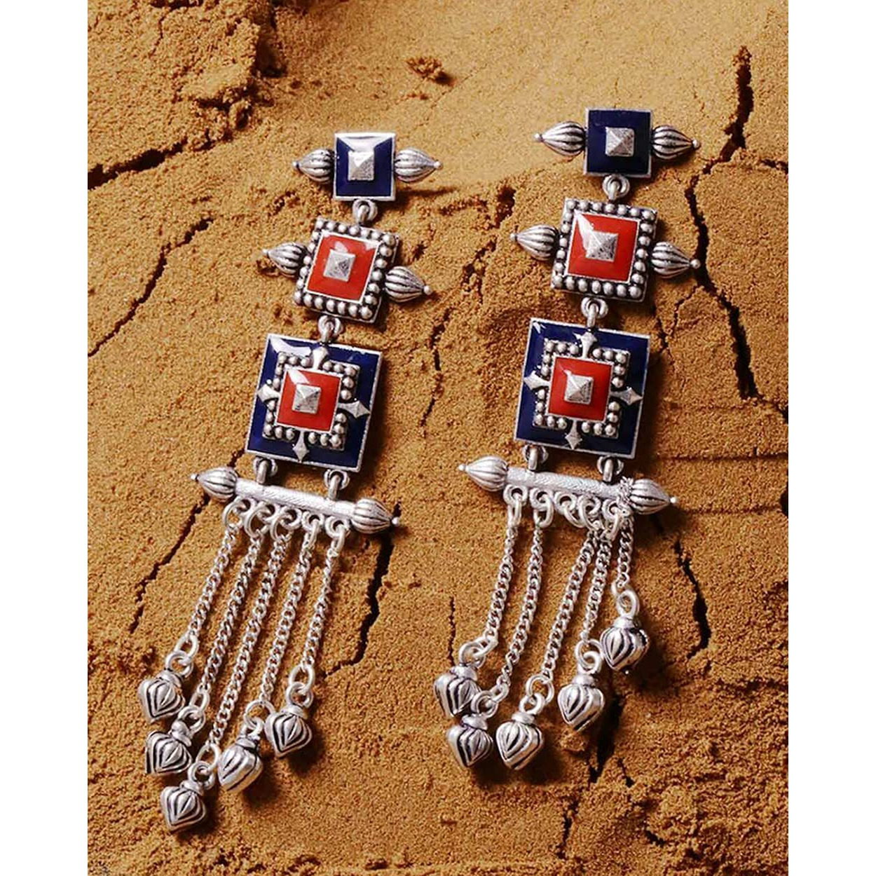 Voylla Brass Silver Oxidised Mandala Layered Square Design Tassels Earrings for Women and Girls
