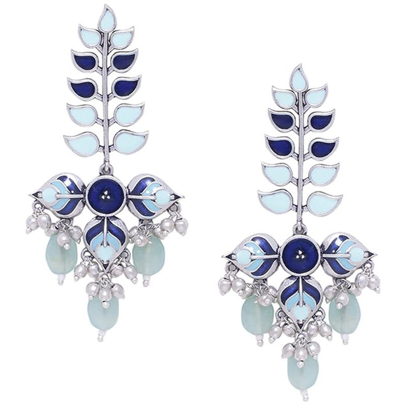 Voylla Traditional Brass Silver Oxidised plated Pastel Colourful Enamelled Embellished Leaf Design Beaded Long Dangle & Drop Earrings for Women and Girls