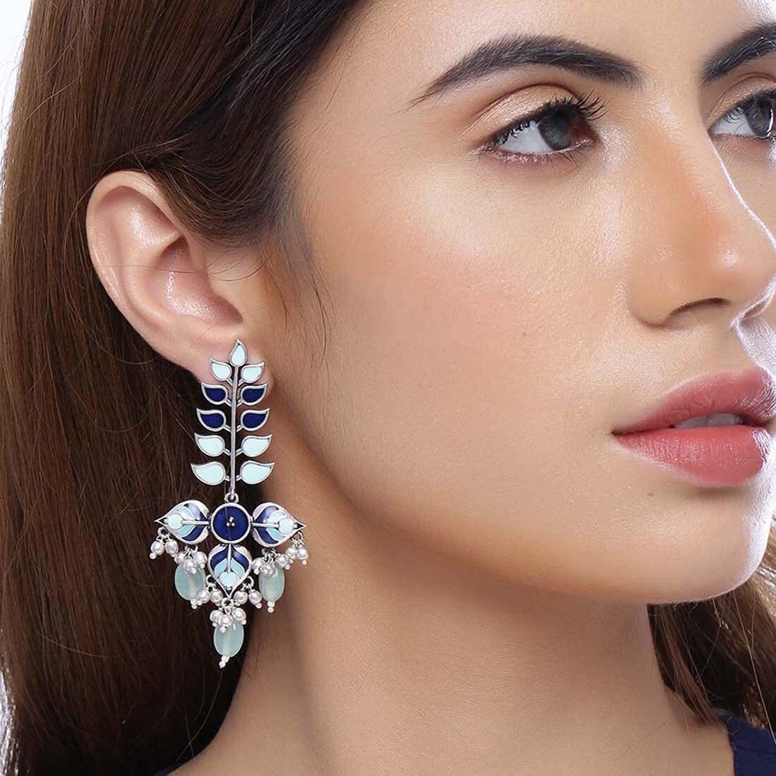 Voylla Traditional Brass Silver Oxidised plated Pastel Colourful Enamelled Embellished Leaf Design Beaded Long Dangle & Drop Earrings for Women and Girls