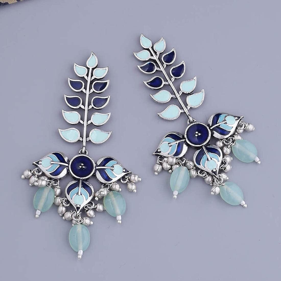 Voylla Traditional Brass Silver Oxidised plated Pastel Colourful Enamelled Embellished Leaf Design Beaded Long Dangle & Drop Earrings for Women and Girls