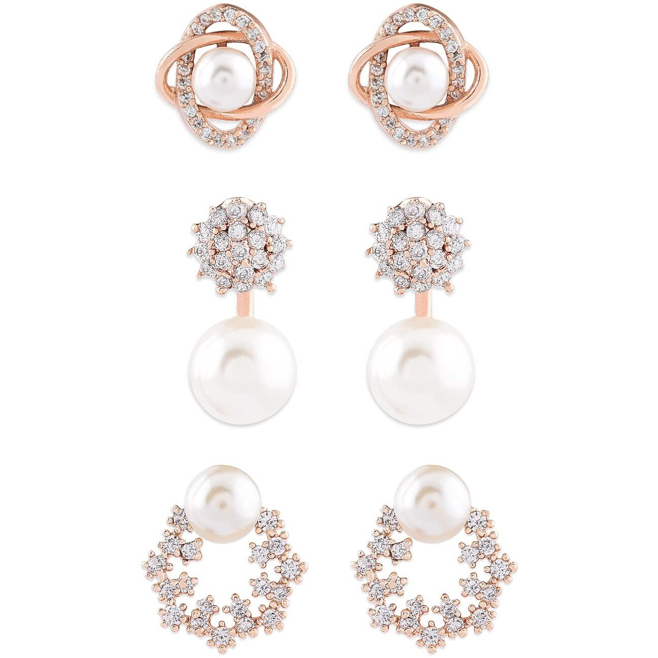 Zaveri Pearls Combo of 3 Cubic Zirconia & Pearls Contemporary Brass Stud Earrings For Women-ZPFK10381