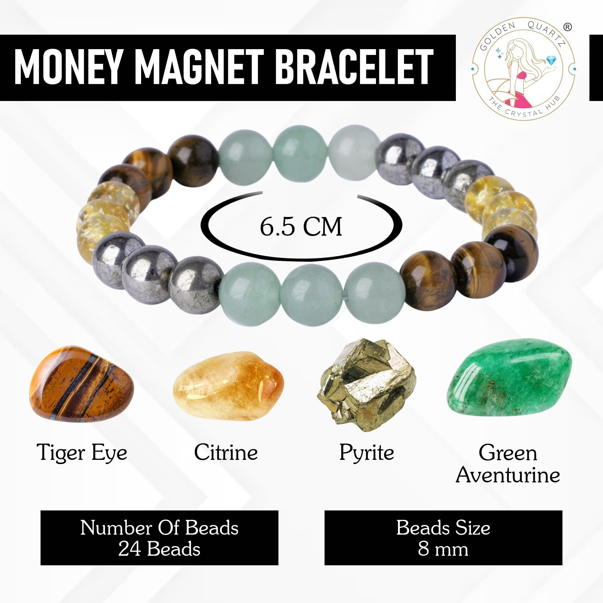 GOLDEN QUARTZ - THE CRYSTAL HUB - Money Magnet Crystal Bracelet Certified Unisex for Wealth Income & Prosperity Citrine, 8mm Crystal 24 Beads with Certificate