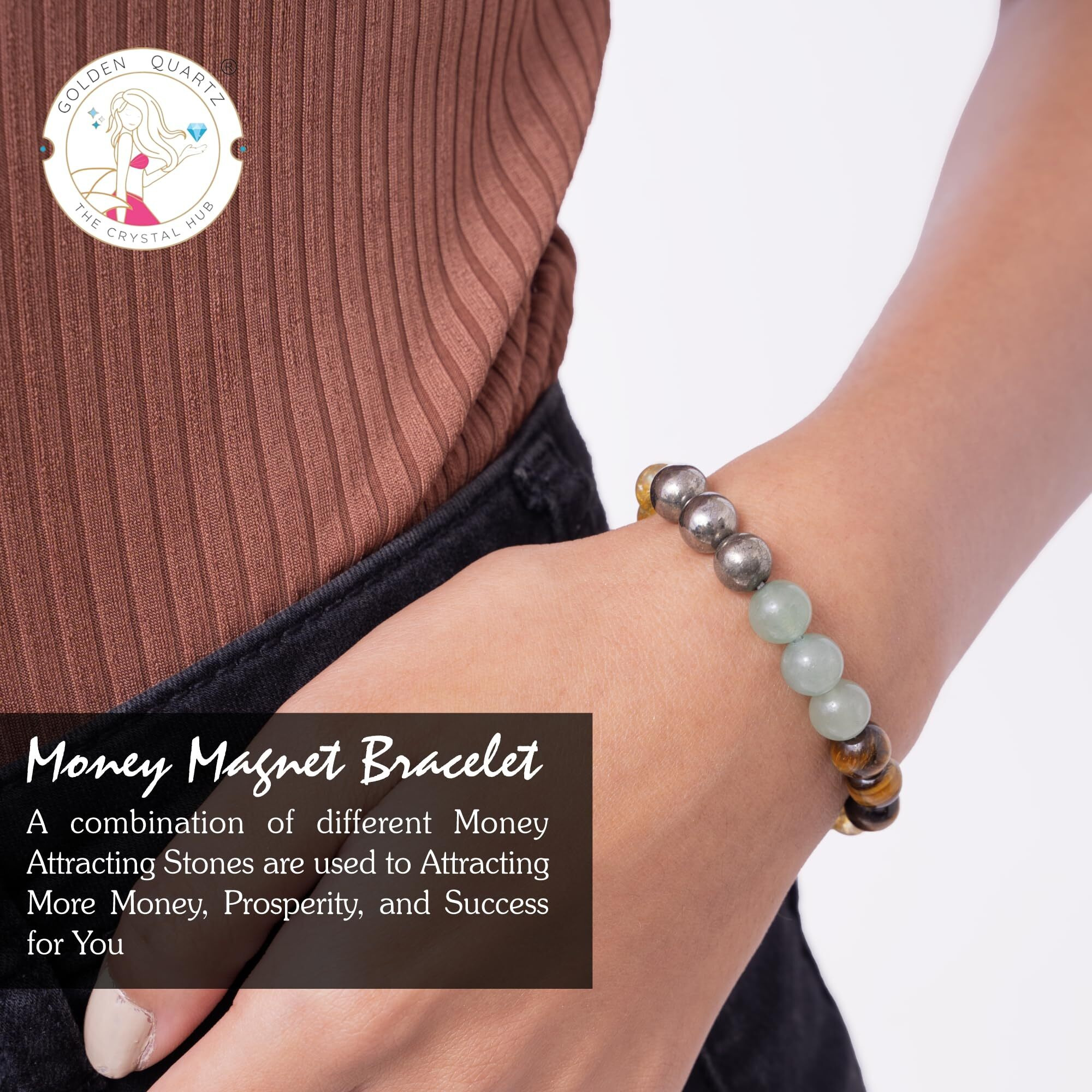 GOLDEN QUARTZ - THE CRYSTAL HUB - Money Magnet Crystal Bracelet Certified Unisex for Wealth Income & Prosperity Citrine, 8mm Crystal 24 Beads with Certificate