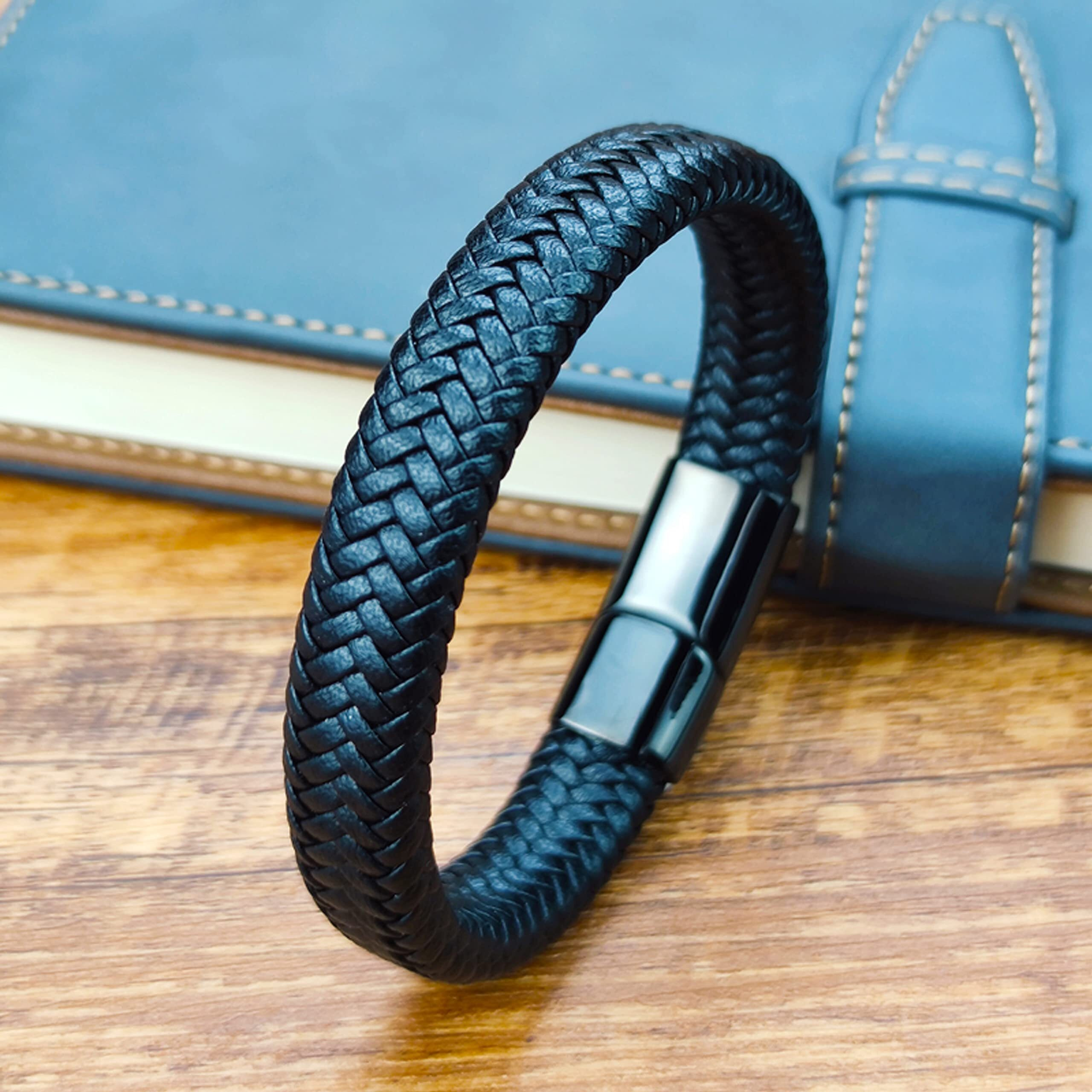 Fashion Frill Stylish Bracelet For Men Leather Bracelet Magnetic Clasp Wraparound Black Charm Bracelets For Men Boys Girls Accessories Mens Jewellery Love Gifts