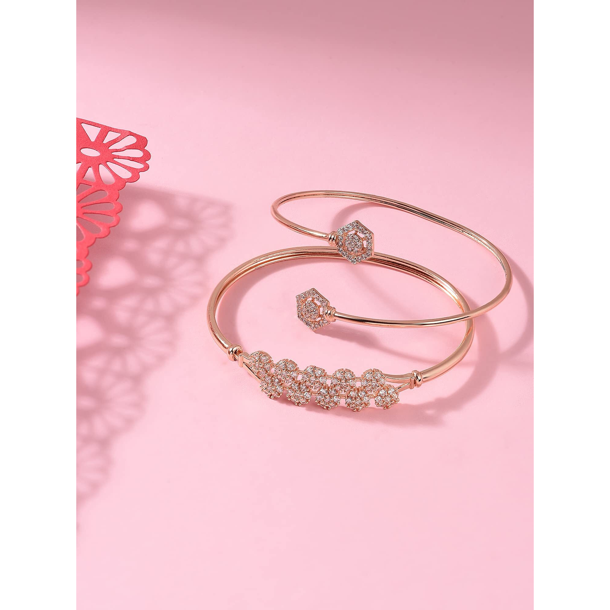 ZAVERI PEARLS Set of 2 Rose Gold Contemporary Cubic Zirconia Brass Kada Style Bracelet For Women-ZPFK11116