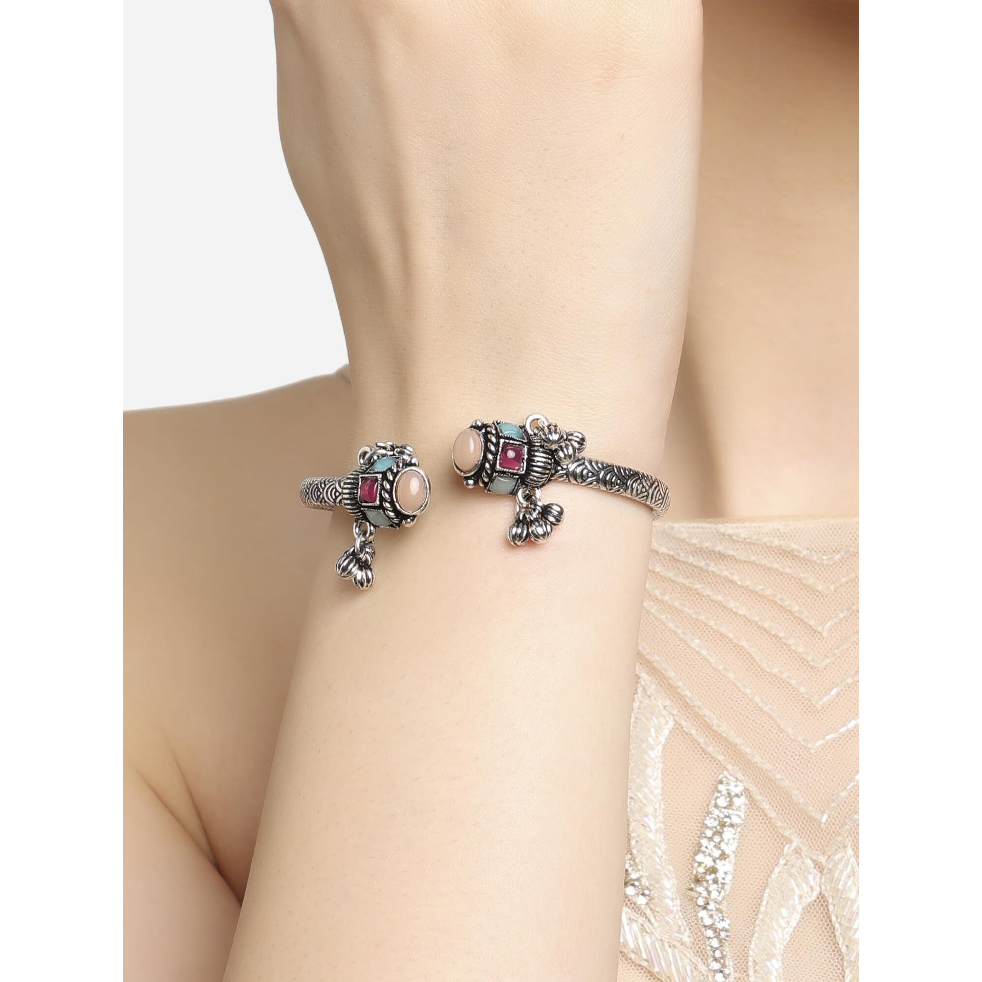 ZAVERI PEARLS Multi For Women-Color Silver Artificial Stones Embellished Kada Bracelets For Women-ZPFK16889