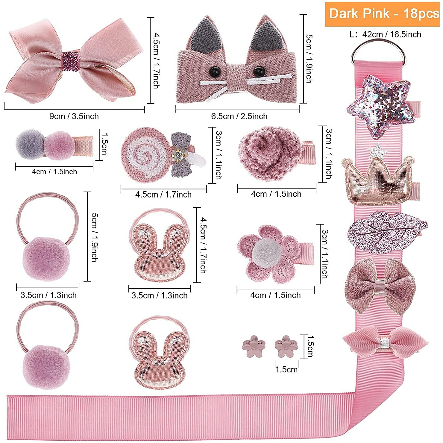 kapimo Fancy Hair Clips For Baby Girls Toddlers Assorted Stylish Fashion Hair Accessories 18 Pcs Gift Set Box (Dark Pink)
