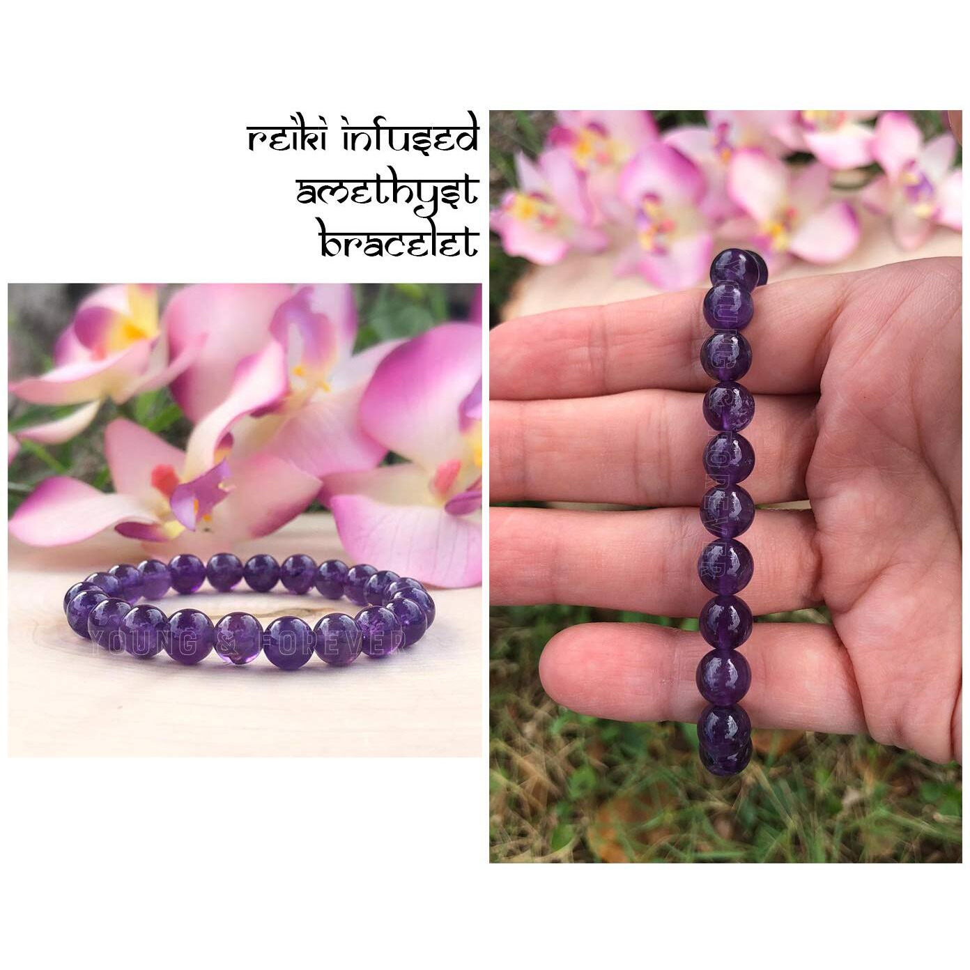 Young & Forever Gift Energized Reiki Crystal Semi Precious Gemstone Amethyst Bracelet for Purification Healing Stone Stretch Bracelet for Men and Women