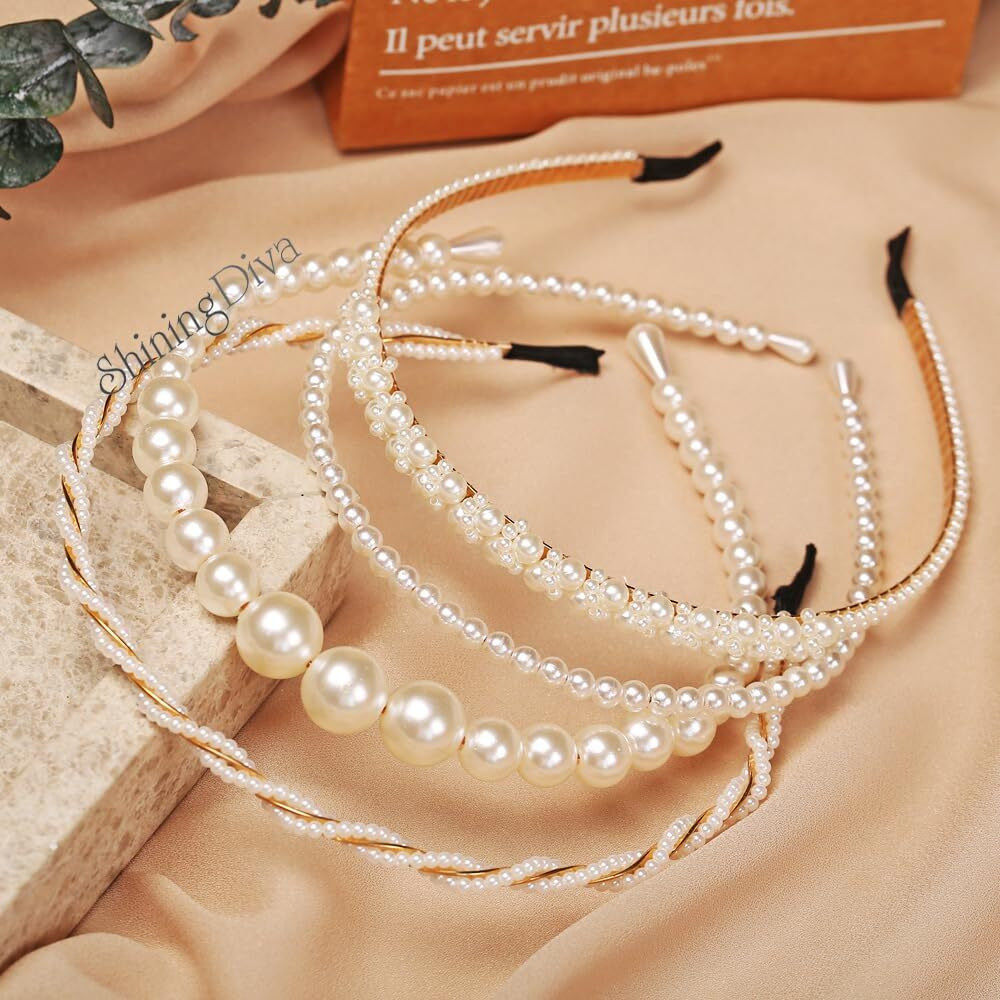 Shining Diva Fashion 4 Pcs Headbands Stylish Pearl Hairbands Hair Accessories Hair Bands for Women Girls (14967hb)