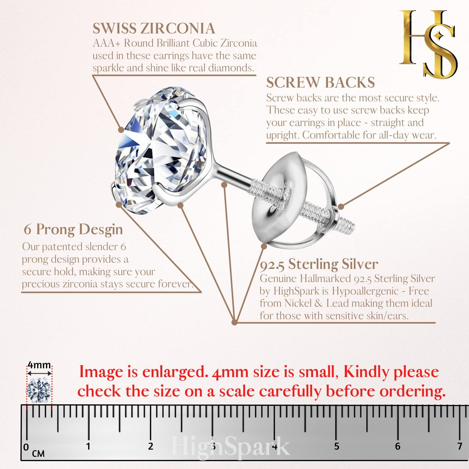 HIGHSPARK 925 Silver Solitaire Screwback Stud Earrings | 92.5 Sterling Silver & Round Brilliant Cubic Zirconia Tops for Men Women | Silver 4mm
