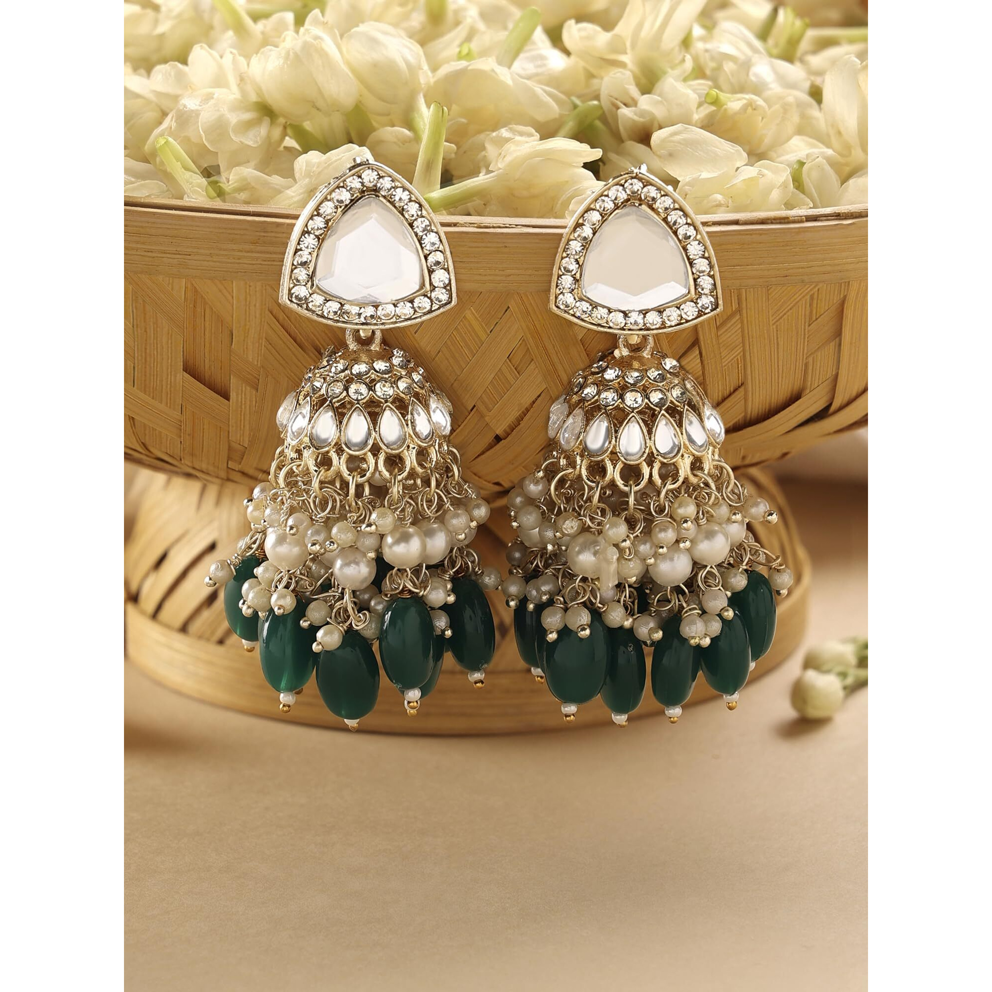Zaveri Pearls Green Stones Cluster Beads Drop Jhumka Earring For Women