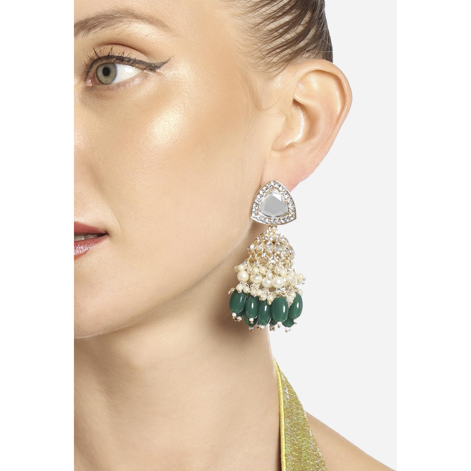 Zaveri Pearls Green Stones Cluster Beads Drop Jhumka Earring For Women