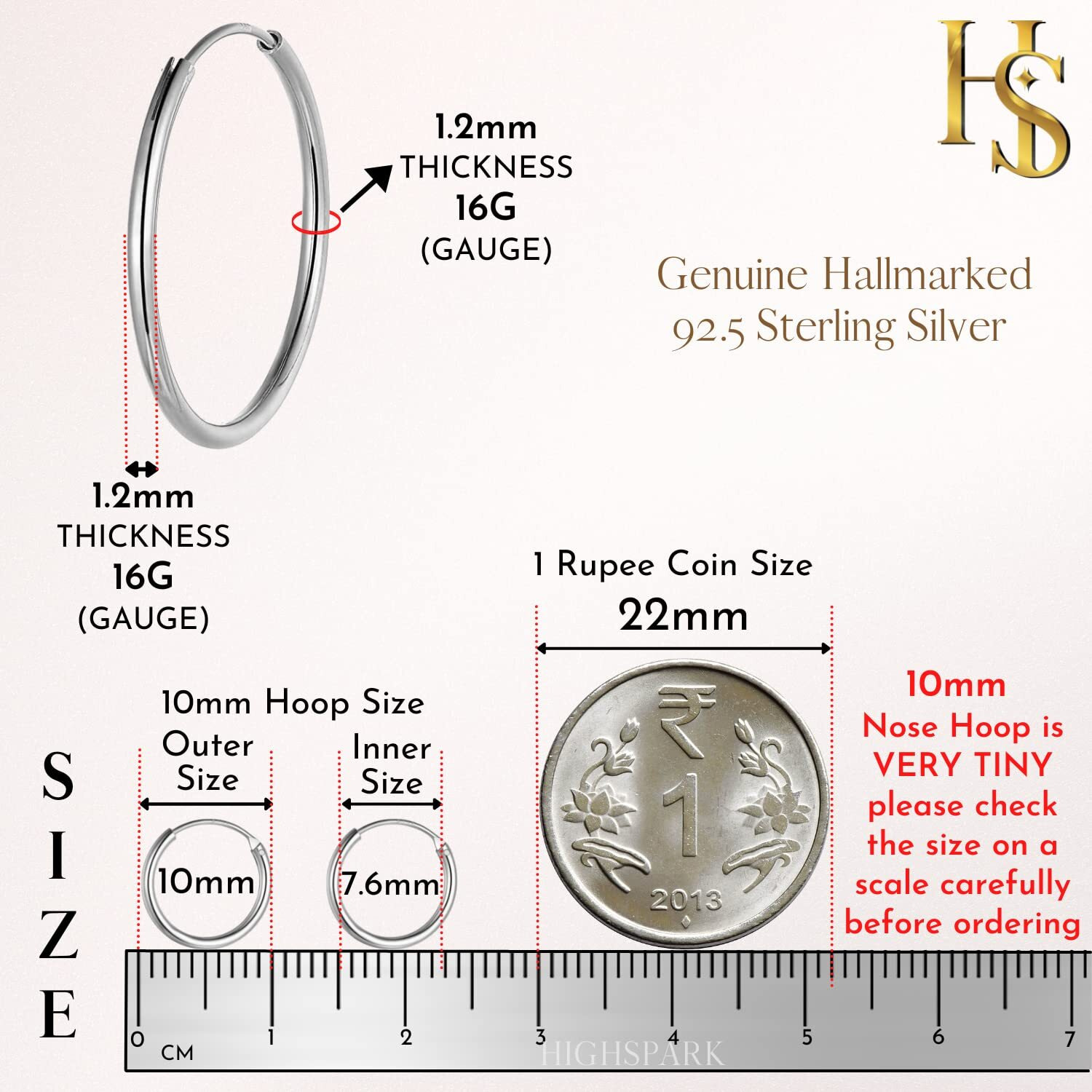 HighSpark 92.5 Sterling Silver Nose Ring for Women | Simple & Elegant Septum Ring/Nose Pin/Silver Nath/Piercing Hoop for Women & Girls | Lovely Gift - Silver 10mm