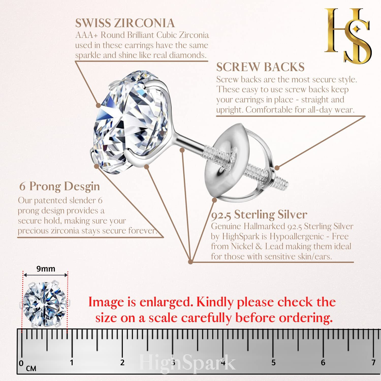 HIGHSPARK 925 Silver Solitaire Screwback Stud Earrings | 92.5 Sterling Silver & Round Brilliant Cubic Zirconia Tops for Men Women | Silver 9mm