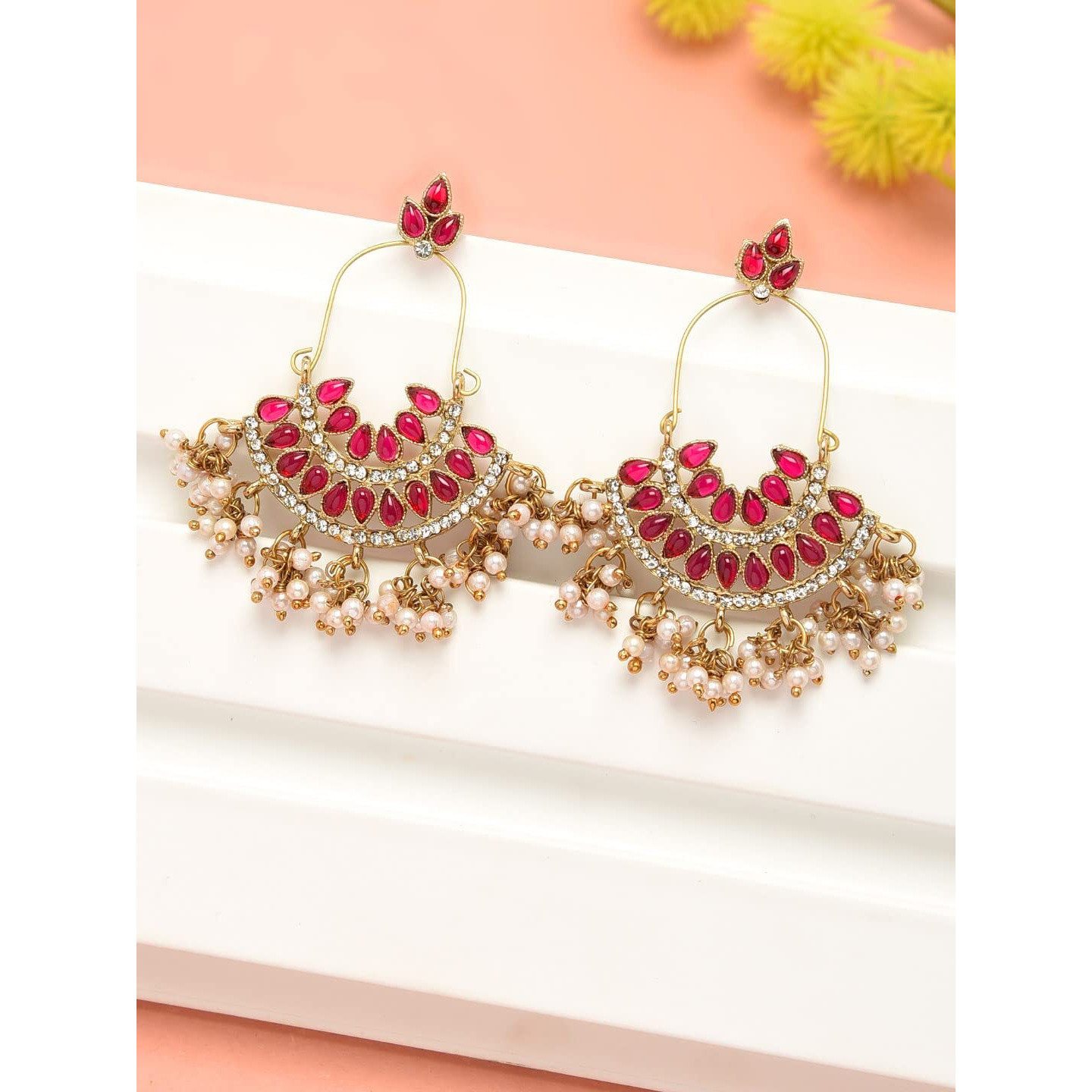 Zaveri Pearls Pink Kundan Austrian Diamonds & Beads Dangle Ethnic Earrings For Women - ZPFK1194