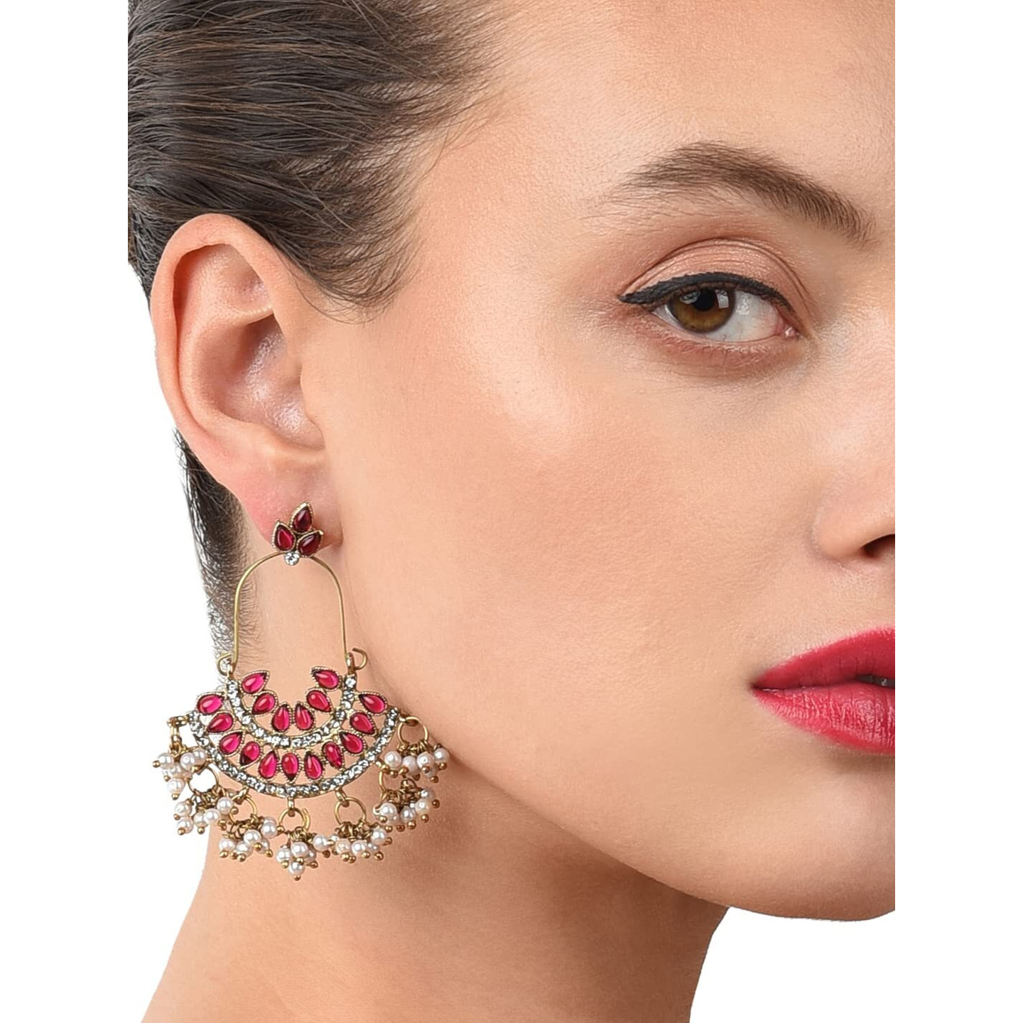 Zaveri Pearls Pink Kundan Austrian Diamonds & Beads Dangle Ethnic Earrings For Women - ZPFK1194