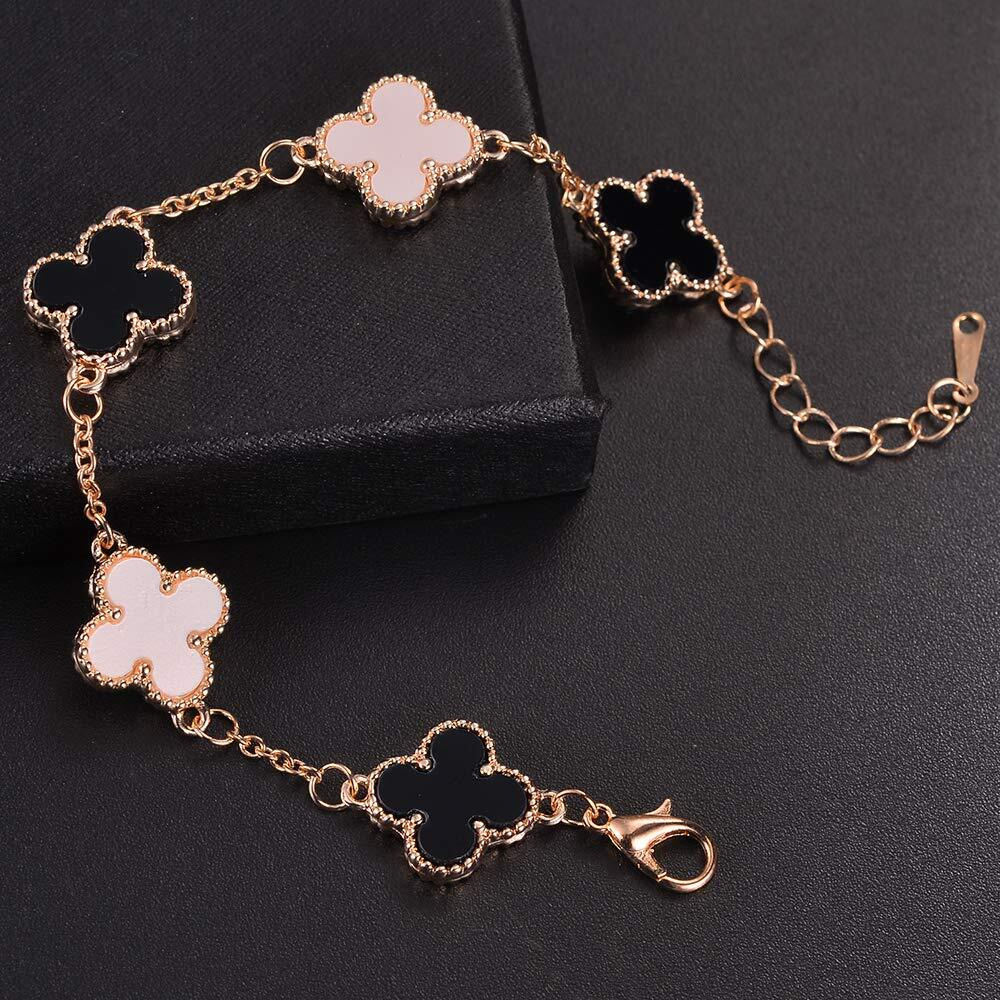 Shining Diva Fashion Latest Stylish Crystal Clover Rose Gold Bracelet for Women and Girls | Aesthetic Jewellery Gift for Girlfriend & Wife (10000b) (White) (Black)